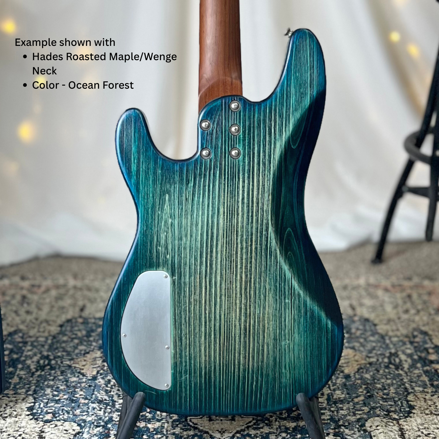 Example of Pamela TB-32 Back Square with Hades Roasted Maple Neck and Color Ocean Forest