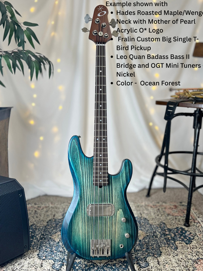 Example of Pamela TB-32 Front Full with Hades Roasted Maple Wenge Neck with Acrylic Mother of Pearl O* Logo Fralin Custom Big Single T-Bird Pickup Leo Quan Badass Bass II Bridge and OGT Mini Keys Nickel Color Ocean Forest