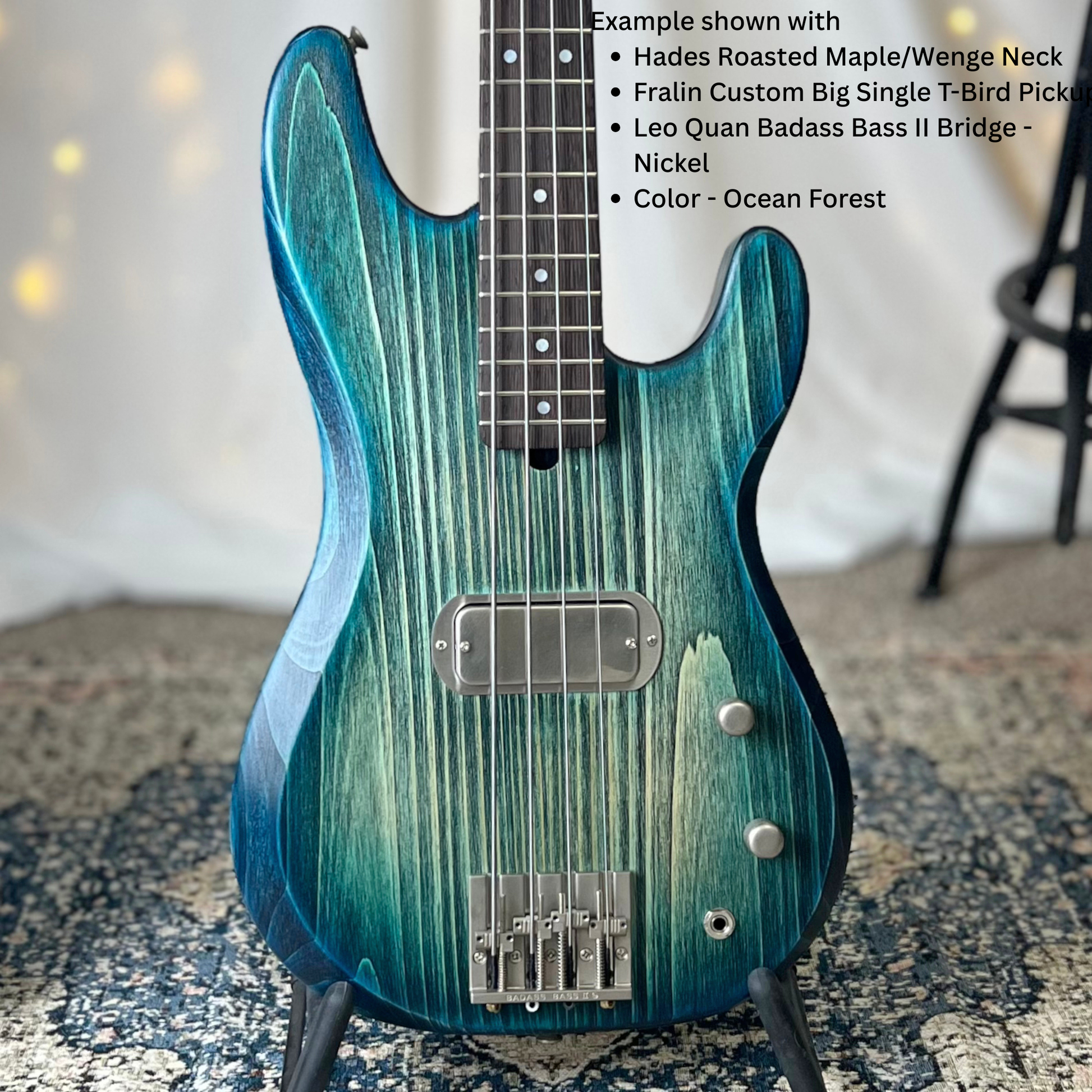 Example of Pamela TB-32 Front Square Hades Roasted Maple Wenge Neck Fralin Custom Big Single T-Bird Pickup Leo Quan Badass Bass II Bridge Nickel and Color Ocean Forest