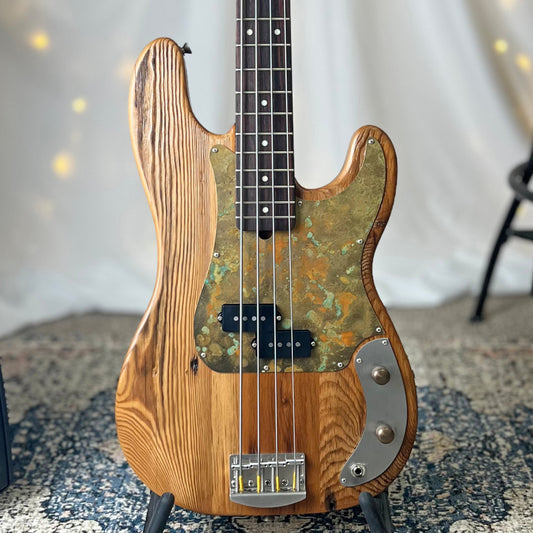 Pamela P 34-Inch Long-Scale Bass in 150-Year-Old Reclaimed Pine with Patinaed Brass Pickguard and Fralin P-Bass Pickup