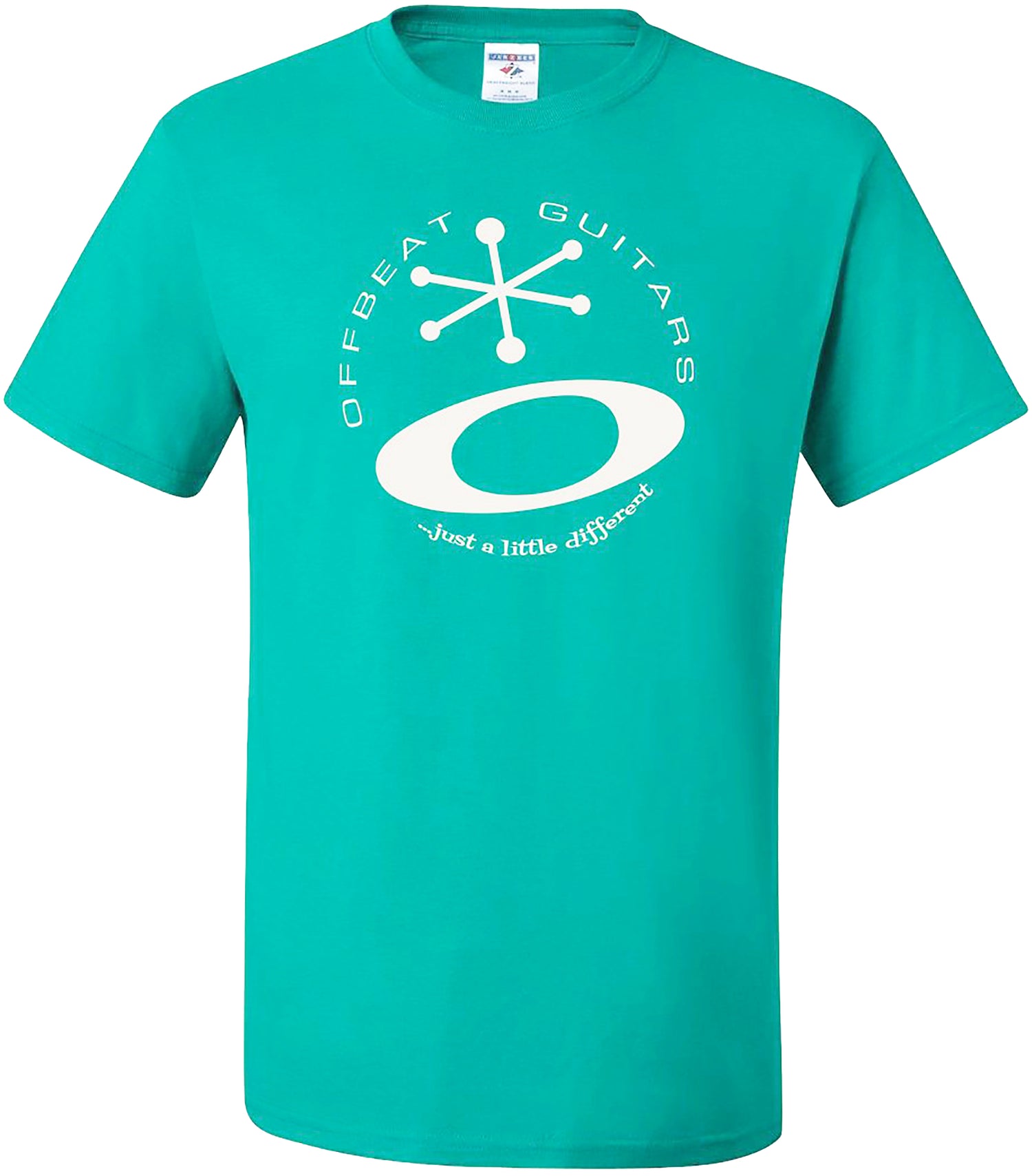 Offbeat Guitars T-Shirt in Jade featuring the O and star logo and the phrase "Offbeat Guitars...just a little different" circling it.