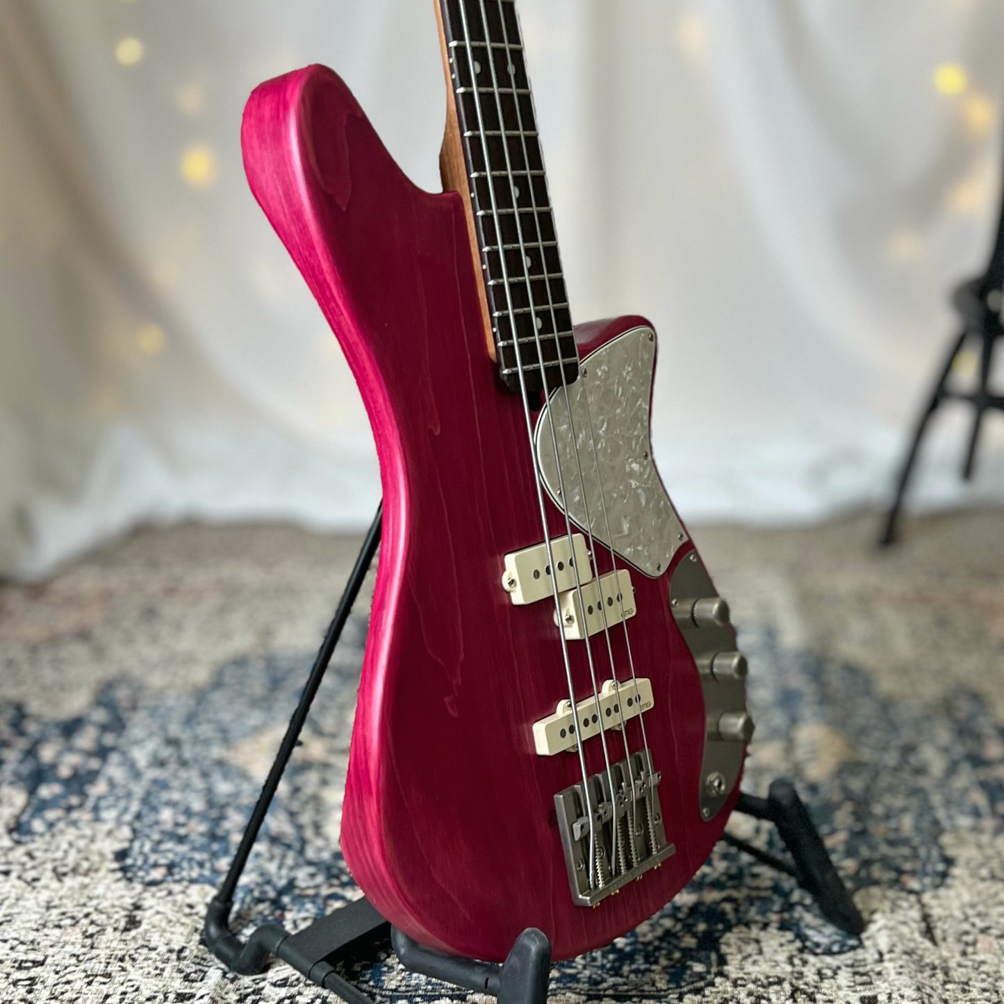 Shelby PJ 30-Inch Short-Scale Bass in Raspberry Beret with EMG Geezer Butler PJ (Passive) Pickup Set and EMG SPPP/V/T (Passive) Electronics - .75