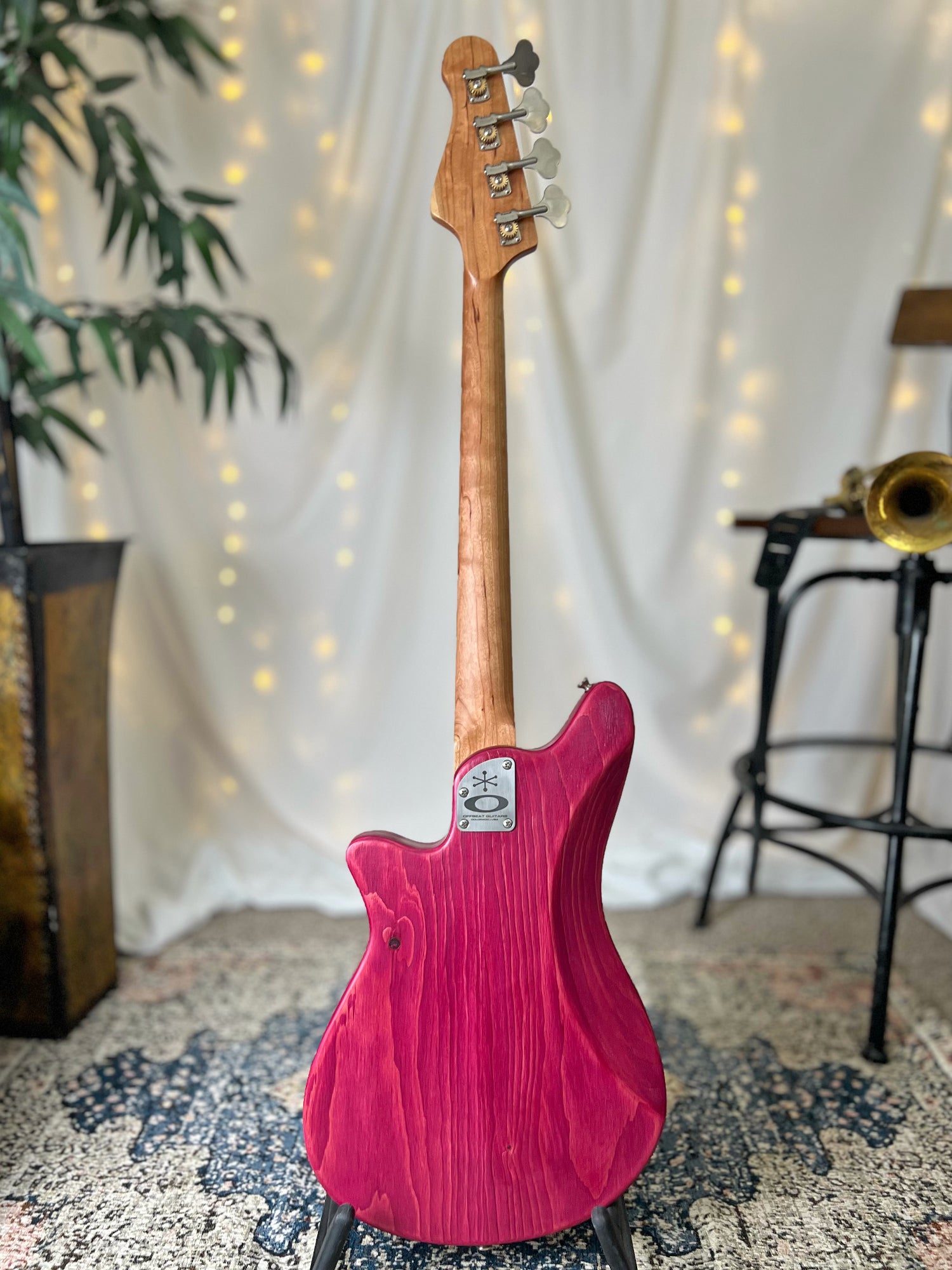 Shelby PJ 30-Inch Short-Scale Bass in Raspberry Beret with EMG Geezer Butler PJ (Passive) Pickup Set and EMG SPPP/V/T (Passive) Electronics - Back Full