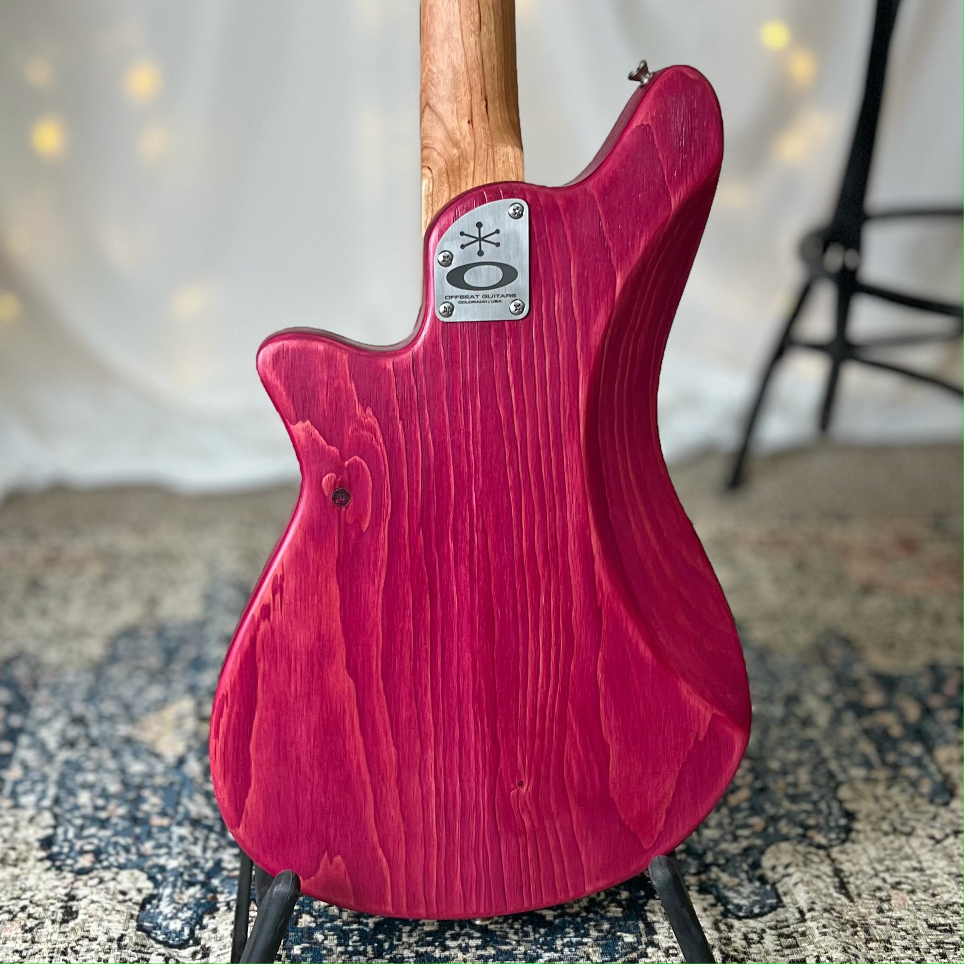 Shelby PJ 30-Inch Short-Scale Bass in Raspberry Beret with EMG Geezer Butler PJ (Passive) Pickup Set and EMG SPPP/V/T (Passive) Electronics - Back Square