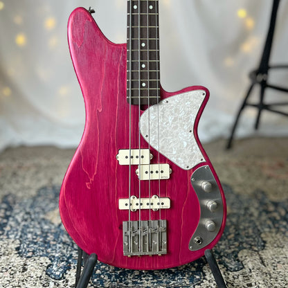 Shelby PJ 30-Inch Short-Scale Bass in Raspberry Beret with EMG Geezer Butler PJ (Passive) Pickup Set and EMG SPPP/V/T (Passive) Electronics - Front Square