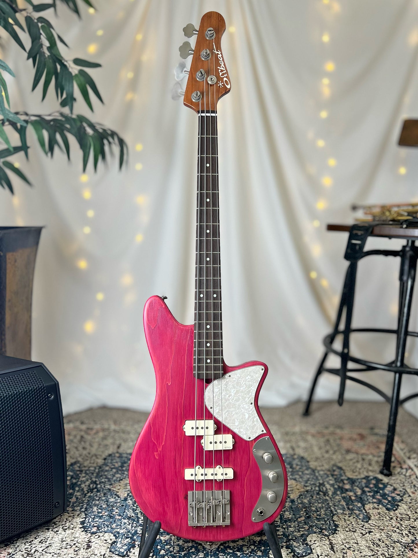 Shelby PJ 30-Inch Short-Scale Bass in Raspberry Beret with EMG Geezer Butler PJ (Passive) Pickup Set and EMG SPPP/V/T (Passive) Electronics - 2D112004 - Front Full