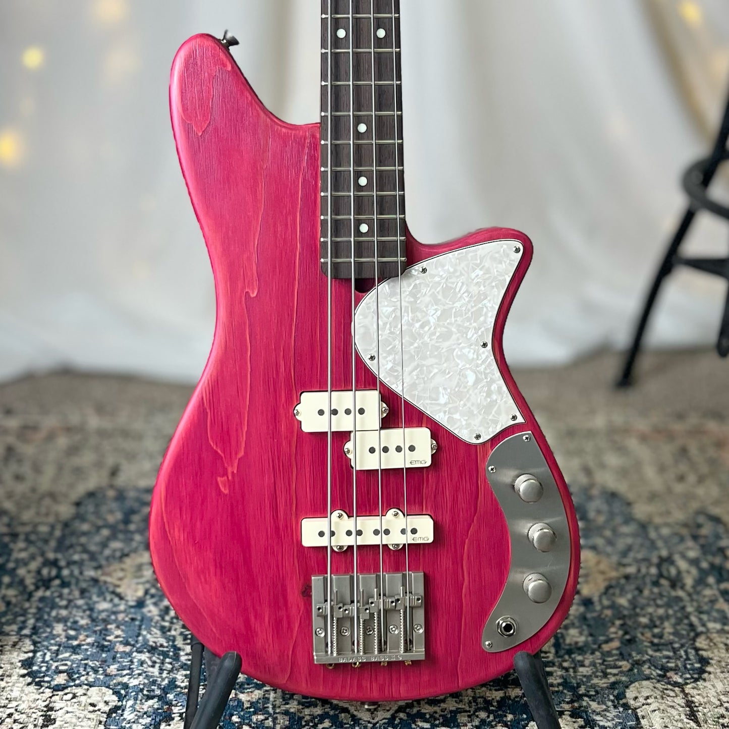 Shelby PJ 30-Inch Short-Scale Bass in Raspberry Beret with EMG Geezer Butler PJ (Passive) Pickup Set and EMG SPPP/V/T (Passive) Electronics - 2D112004 - Front Square