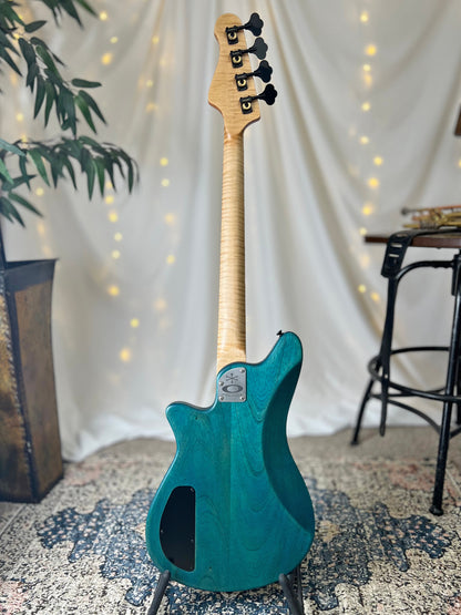 Offbeat Guitars Carved Top Traditional Series Shelby P 30-Inch Short-Scale Bass in Turquoise on Spanish Cedar with Nordstrand NP4 A3 Pickup - 2E072001 - Back Full