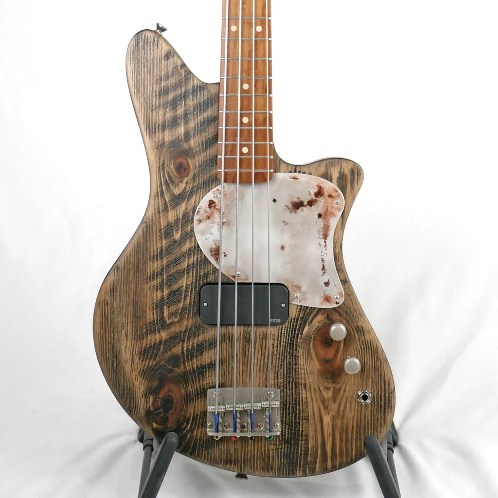 Offbeat Guitars Jackie-O 30" Short-Scale Bass in Driftwood Brown on Distressed Pine with EMG TBP Pickup