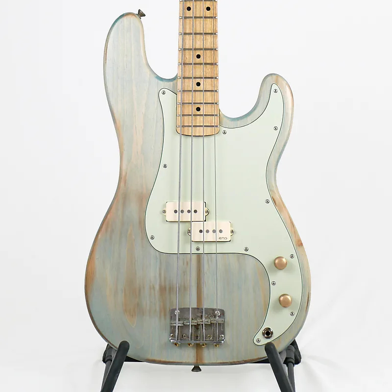 Offbeat Guitars Model P 34" Long-Scale Bass in Old Blue Jeans on Distressed Pine
