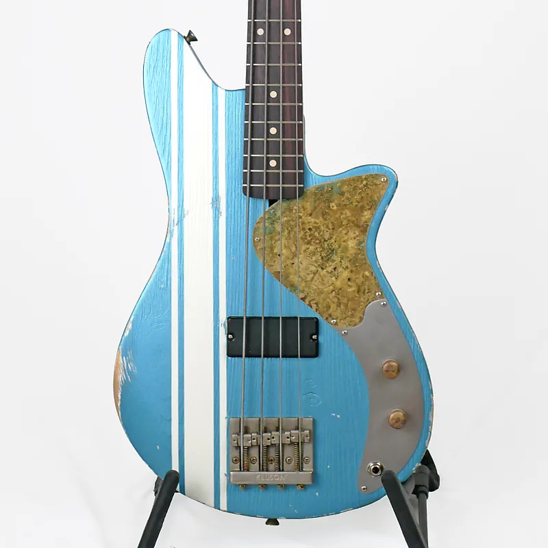 Offbeat Guitars Shelby 30-Inch Short-Scale Bass in Vintage Pelham Blue Metallic Relic with Matching Headstock and Racing Stripe on Distressed Pine with Nordstrand FD3 Pickup