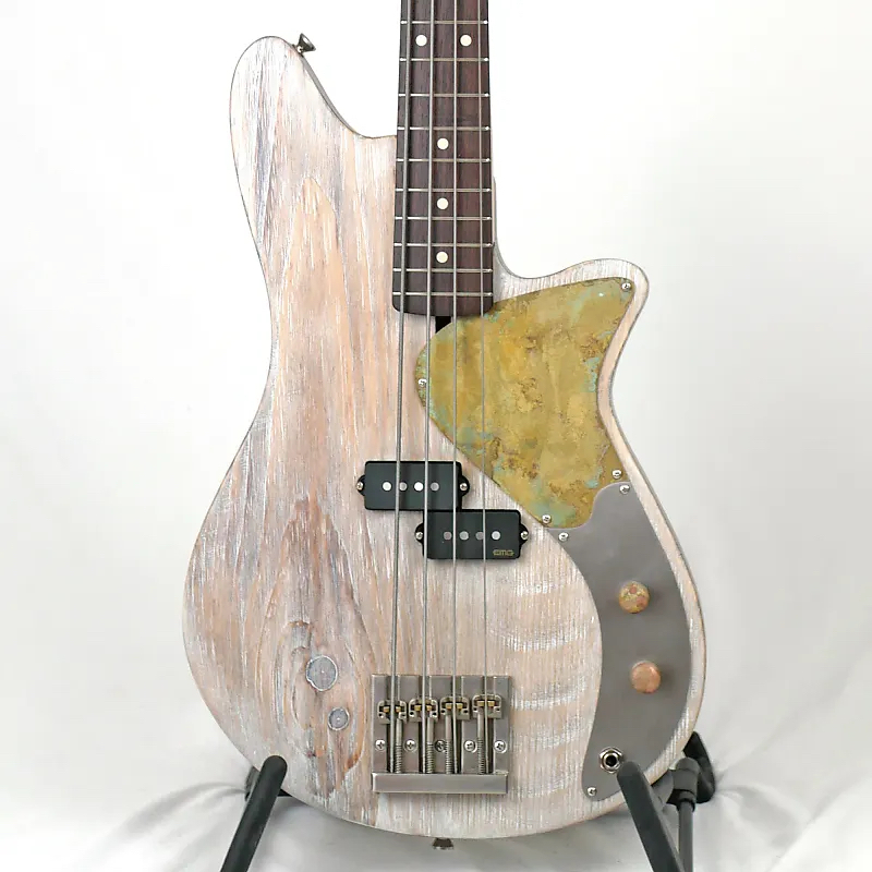 Offbeat Guitars Shelby P 30-Inch Short-Scale Bass in Shipyard Gray on Distressed Pine with EMG Geezer Butler P Pickup and Hipshot KickAss Bridge