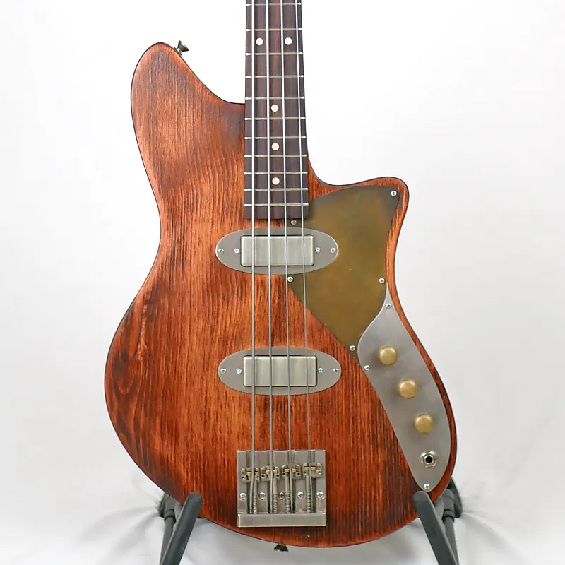 Offbeat Guitars Trixie 30-Inch Short-Scale Bass in Violin Brown on Distressed Pine with Fralin Big Single Mini Pickups