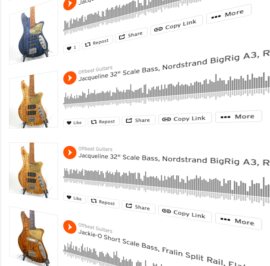 Image is of several soundcloud sound files for Offbeat Guitars. Clicking on the image will lead to the Sounds page.