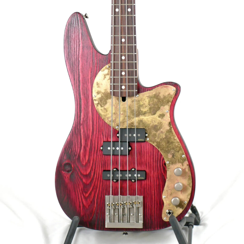 Offbeat Guitars Roxanne PJ 32-Inch Medium-Scale Bass in Bordeaux Glow on Textured Pine with EMG Geezer Butler PJ Pickups