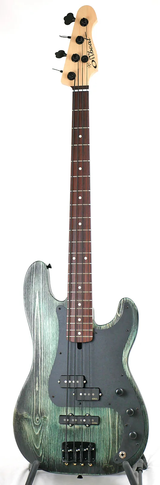 Full length image of the front of a Pamela PJ 34-Inch Long-Scale Bass in Teal Glow on Distressed Pine with EMG Geezer Butler PJ Pickups