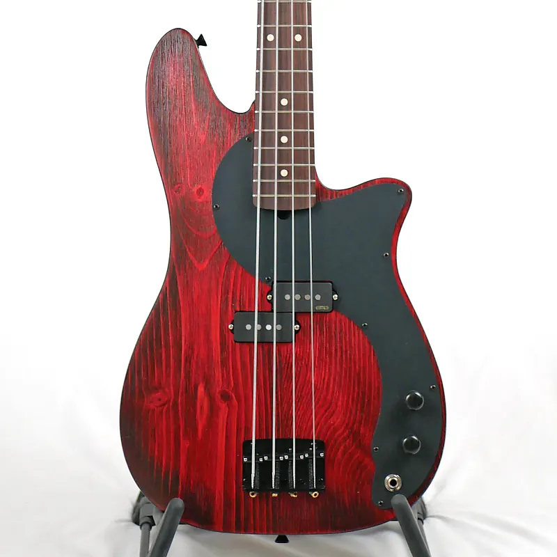 Offbeat Guitars Roxie P 30-Inch Short-Scale Bass in Cherry Bomb Glow on Textured Pine with EMG Geezer Butler P Pickup