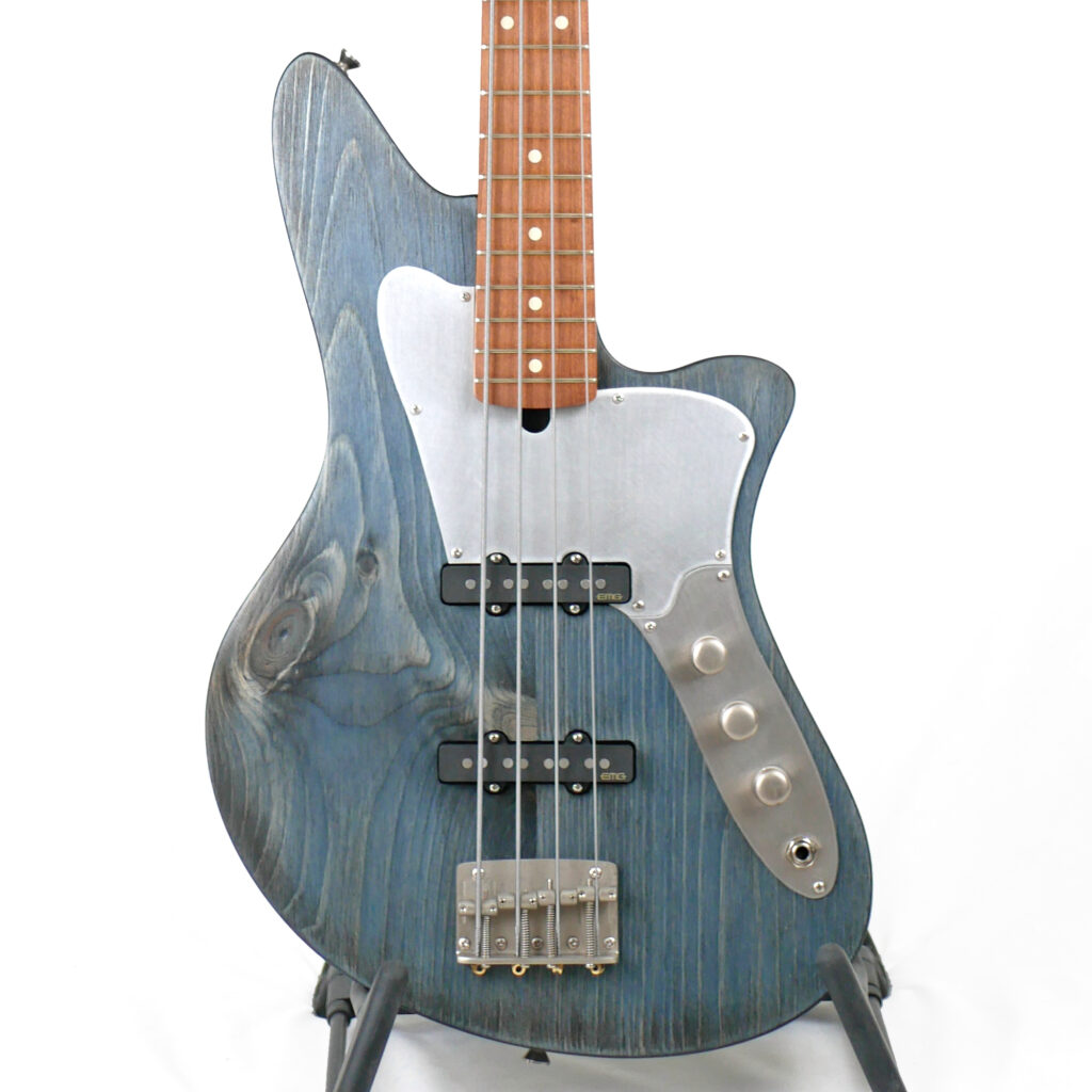 Jacqueline J2 32" Medium-Scale Bass in Blue Steel Pluse on Textured Pine with EMG JVA2 HZ Pickup Set