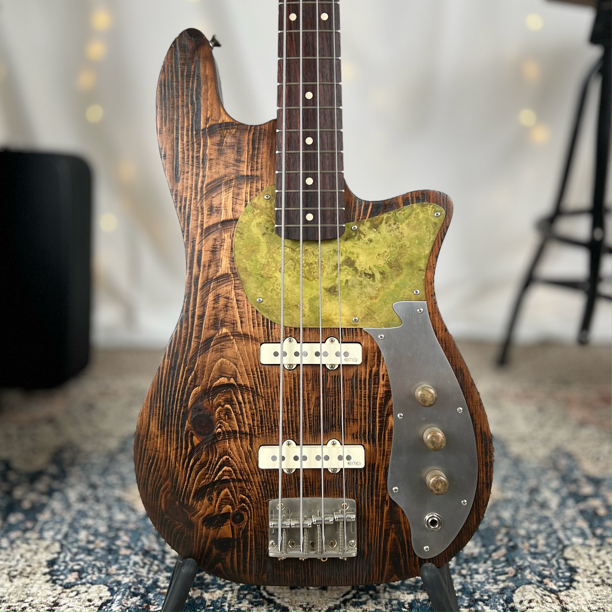 Priscilla J 34" Long-Scale Bass in That 70s Walnut Brown on Distressed Pine with EMG JVHZ Pickups