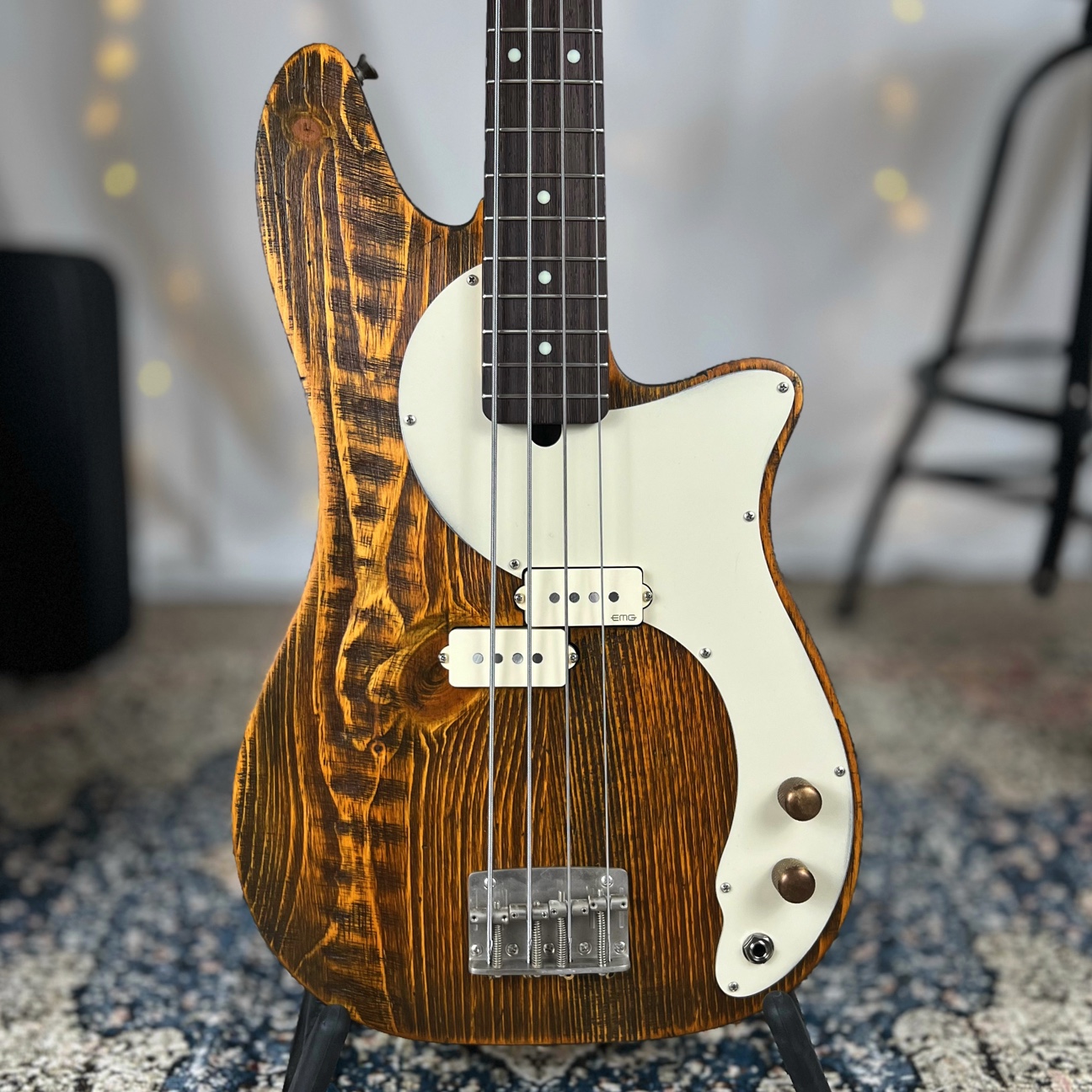 Roxie P 30" Short-Scale Bass in Salted Caramel on Distressed Pine with EMG Geezer Butler P Pickup