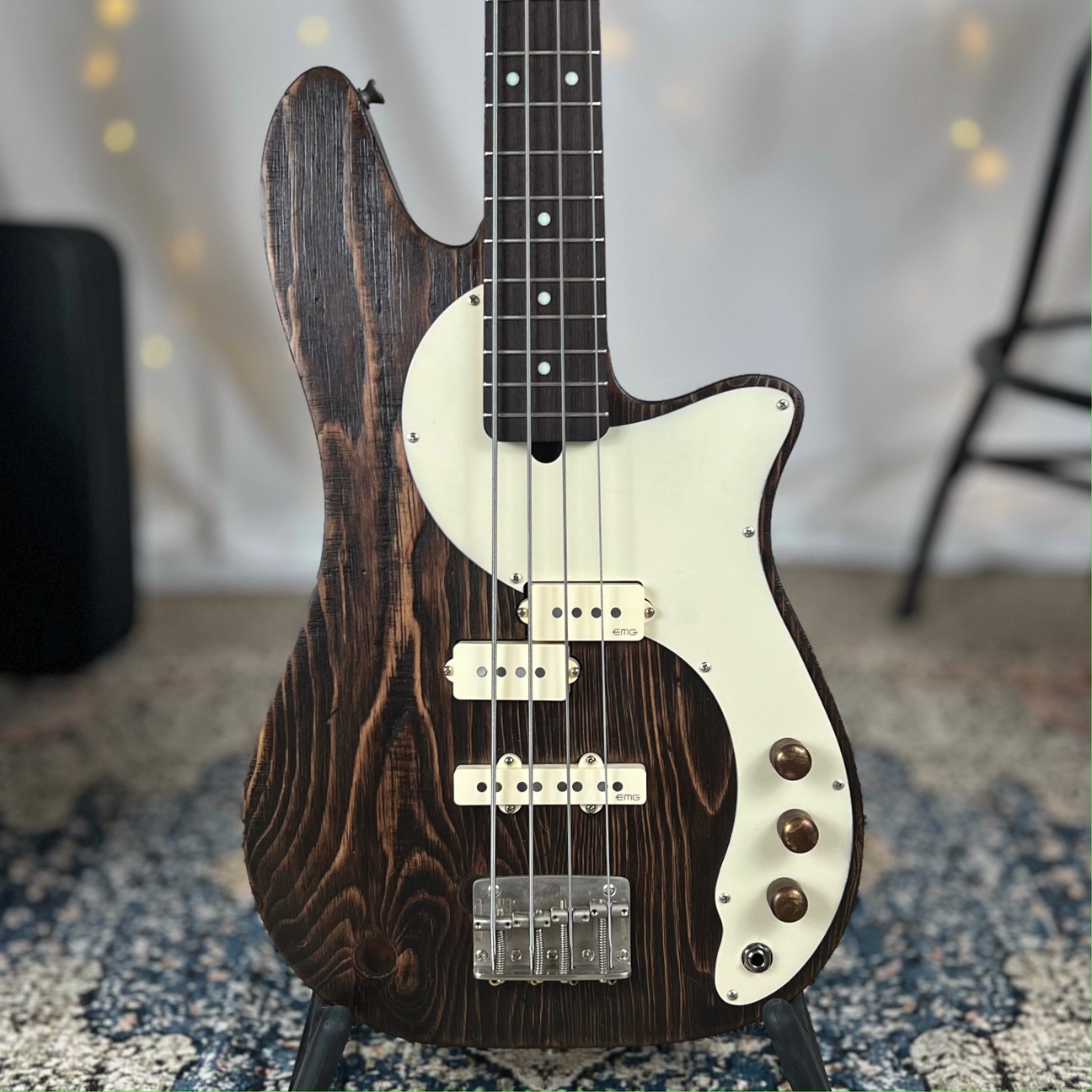 Roxie PJ 30" Short-Scale Bass in Charred Barrel Brown on Distressed Pine with EMG Geezer Butler PJ Pickup Set