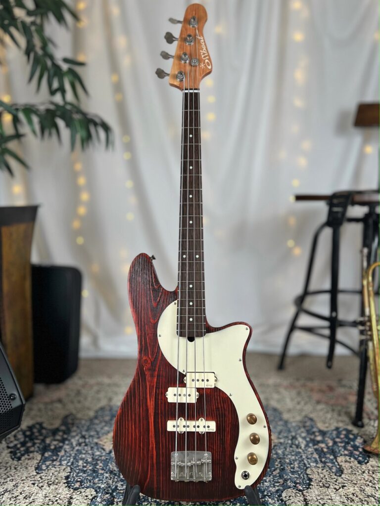 Roxie PJ 30" Short-Scale Bass in Mahogany Red on Distressed Pine with EMG Geezer Butler PJ Pickup Set