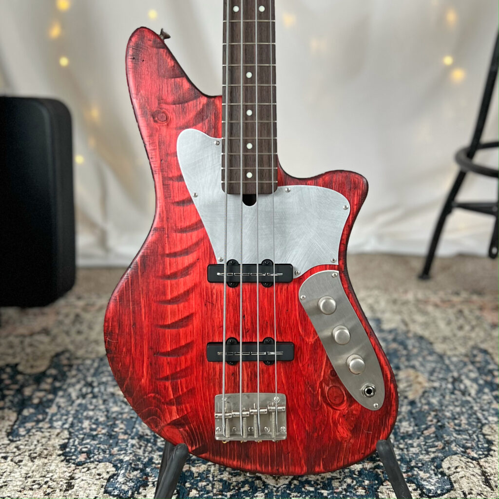 Jacqueline J2 32" Medium-Scale Bass in Cherry Bomb on Distressed Pine with Nordstrand J-Blade Pickup Set