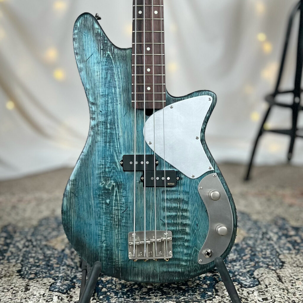 Shelby P 30" Short-Scale Bass in Deep Water Glow on Distressed Pine with EMG PVHZ Pickup and SPPP/T Electronics