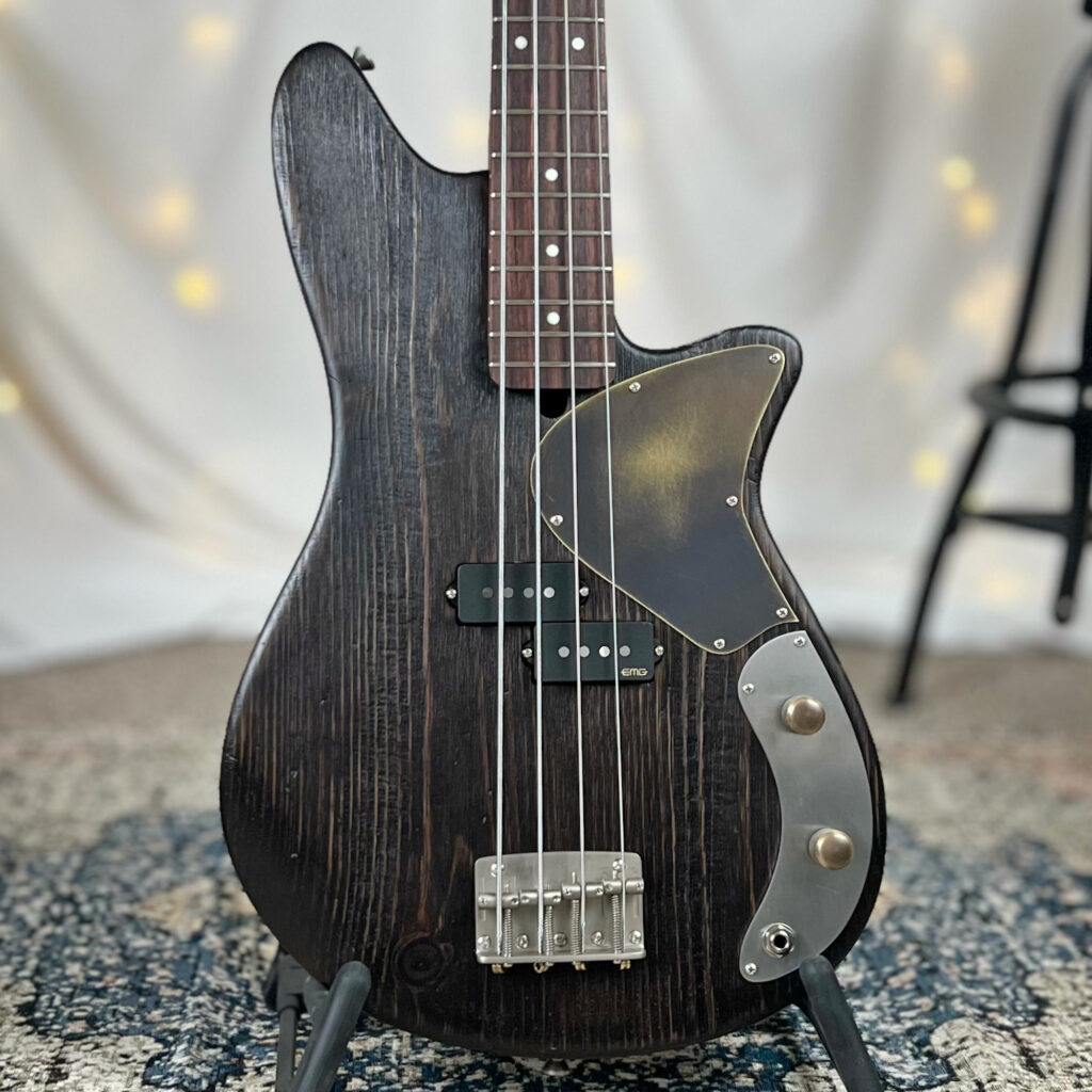 Shelby P 30" Short-Scale Bass in Espresso on Distressed Pine with EMG Geezer Butler P Pickup and SPPP/T Electronics