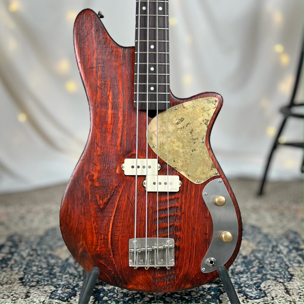 Shelby P 30" Short-Scale Bass in Mahogany Red on Distressed Pine with EMG Geezer Butler P Pickup and SPPP/T Electronics